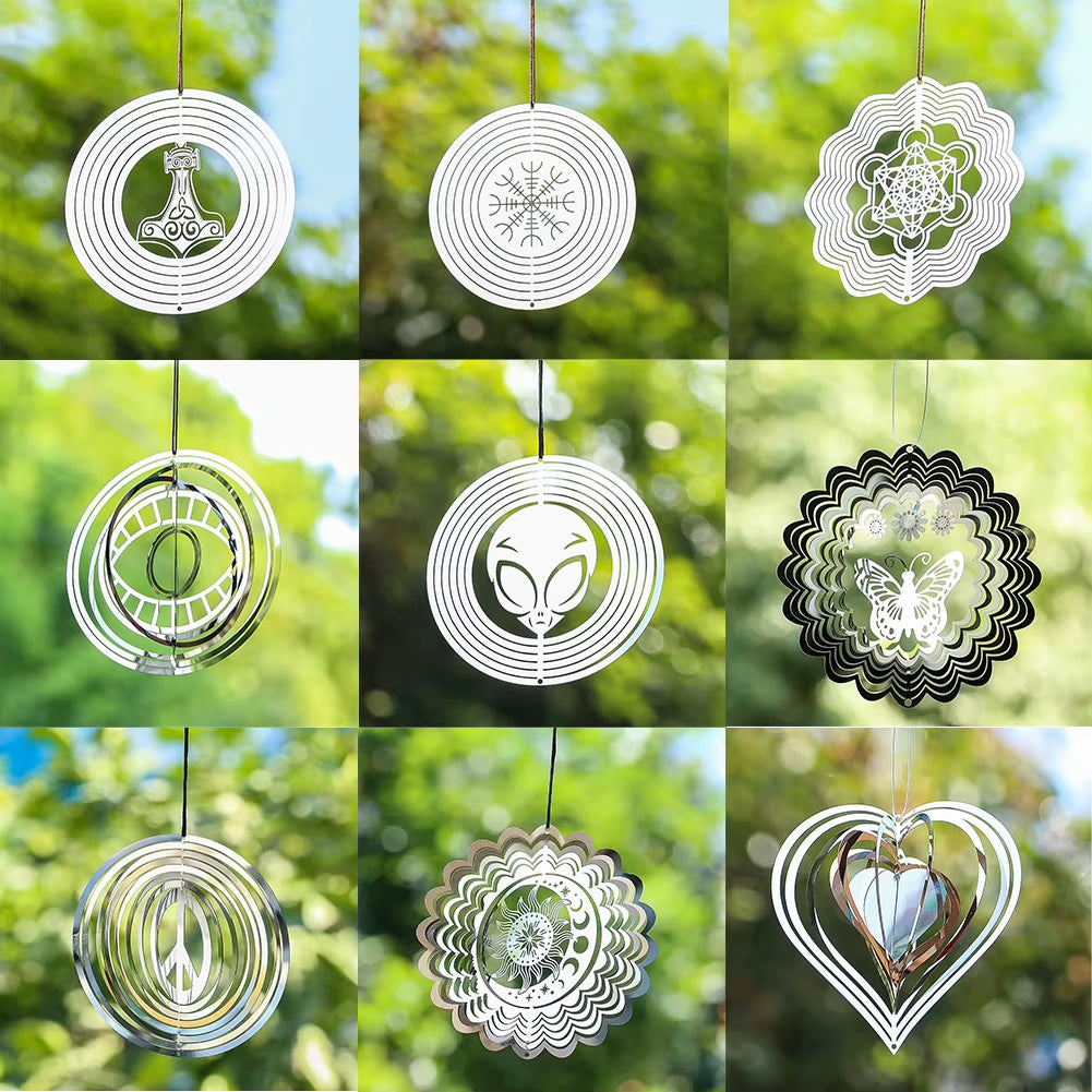 Garden Wind Spinner Hanging Decor Stainless Steel 3D Whirligigs Flowing Illusion Wind Chimes Mirror Outdoor Yard Bird Deterrent