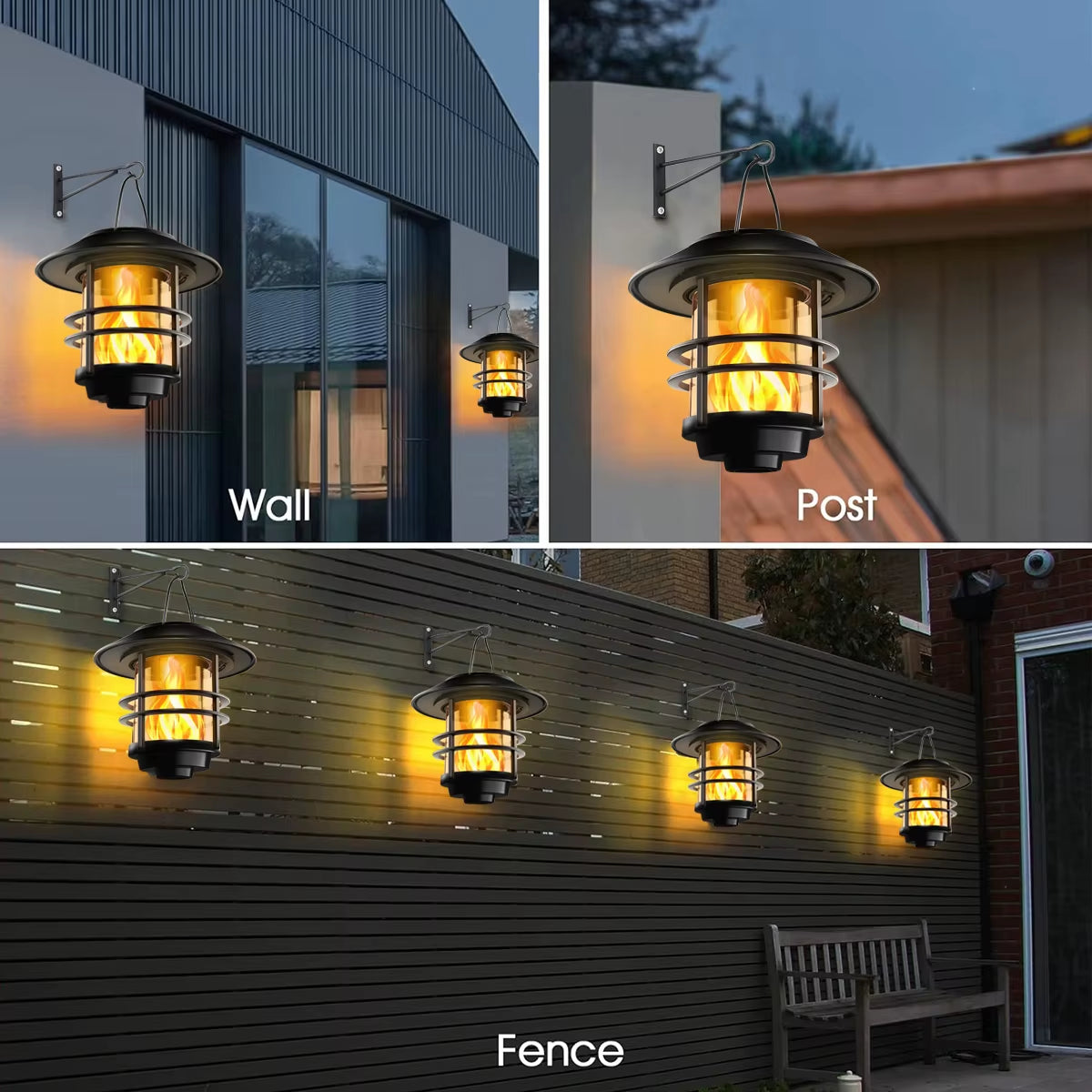 1Pcs Solar Hanging Lantern Outdoor Flickering Flames Waterproof Heavy Glass Stainless Solar Outdoor Light for Wall Fence Patio P