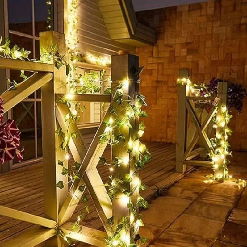 50/100LED Green Fairy Lights with Solar-Powered Artificial Ivy Leaves Featuring 8 Modes for Garden Wedding Christmas Decoration