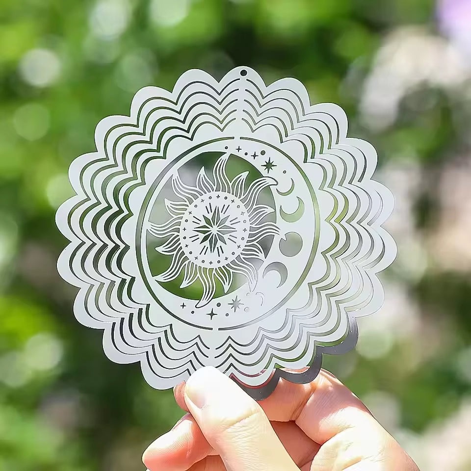 Garden Wind Spinner Hanging Decor Stainless Steel 3D Whirligigs Flowing Illusion Wind Chimes Mirror Outdoor Yard Bird Deterrent