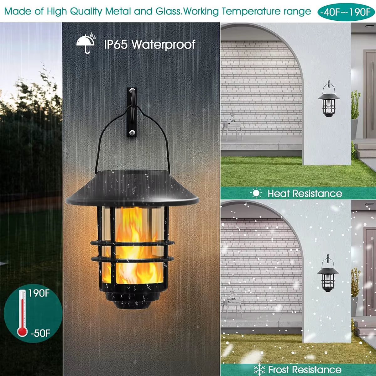 1Pcs Solar Hanging Lantern Outdoor Flickering Flames Waterproof Heavy Glass Stainless Solar Outdoor Light for Wall Fence Patio P