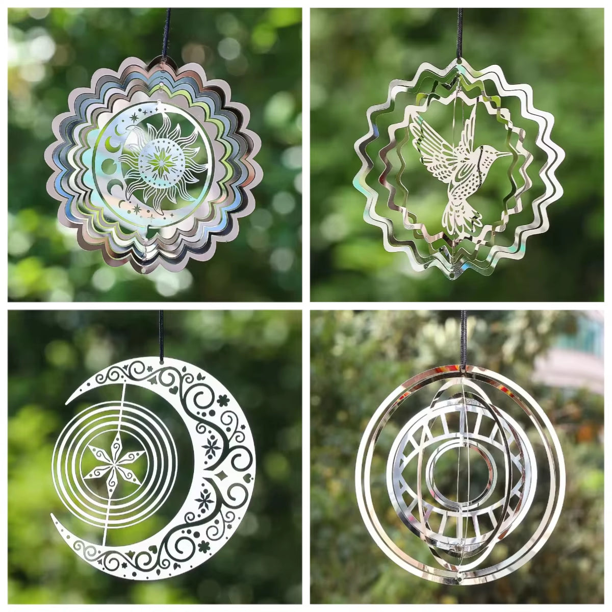 Garden Wind Spinner Hanging Decor Stainless Steel 3D Whirligigs Flowing Illusion Wind Chimes Mirror Outdoor Yard Bird Deterrent
