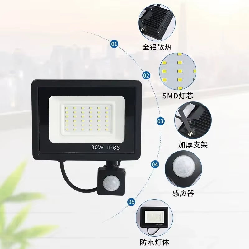 LED Floodlight PIR Motion Sensor Outdoor Led Spotlight 10W 20W 30W 50W 100W IP66 Waterproof Outdoor Garden Lighting Street Light