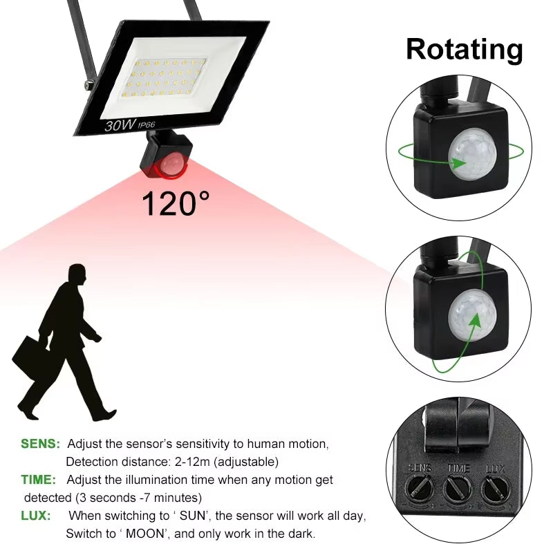 LED Floodlight PIR Motion Sensor Outdoor Led Spotlight 10W 20W 30W 50W 100W IP66 Waterproof Outdoor Garden Lighting Street Light