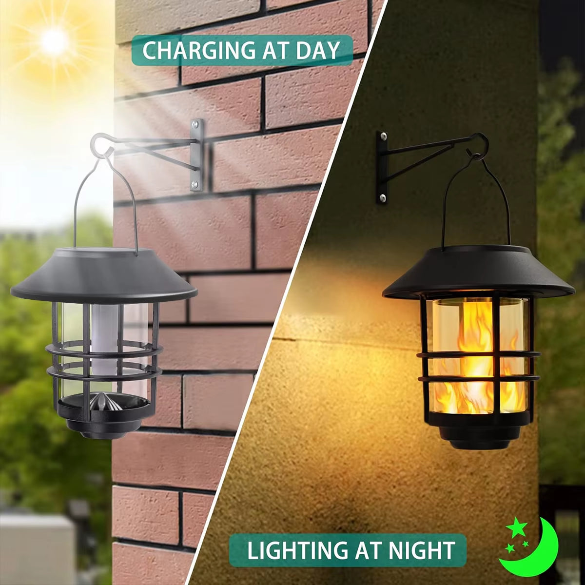 1Pcs Solar Hanging Lantern Outdoor Flickering Flames Waterproof Heavy Glass Stainless Solar Outdoor Light for Wall Fence Patio P